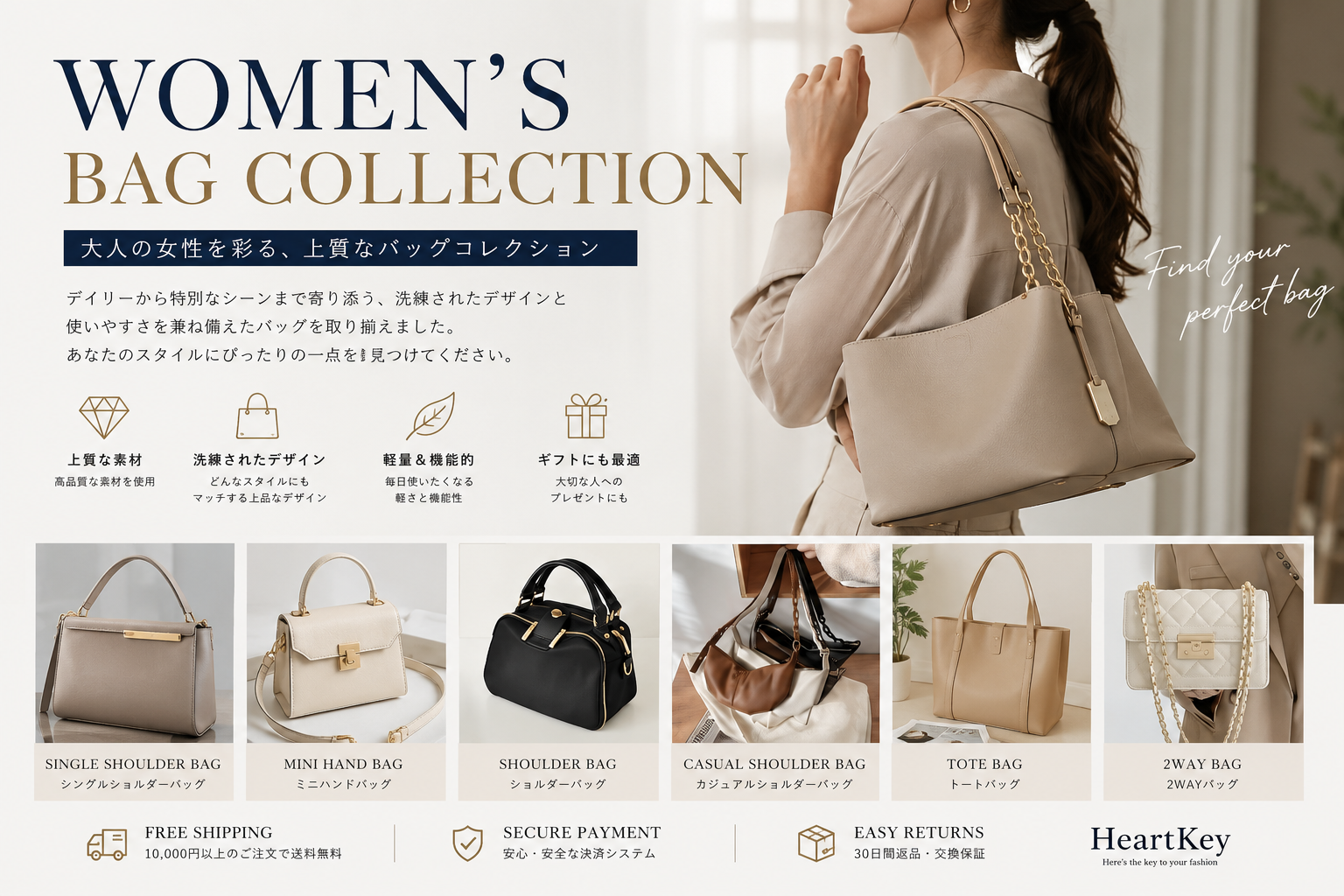 レディースバッグ　7点セット レディースバッグ｜ショルダー・ハンド・トートバッグ｜HeartKey