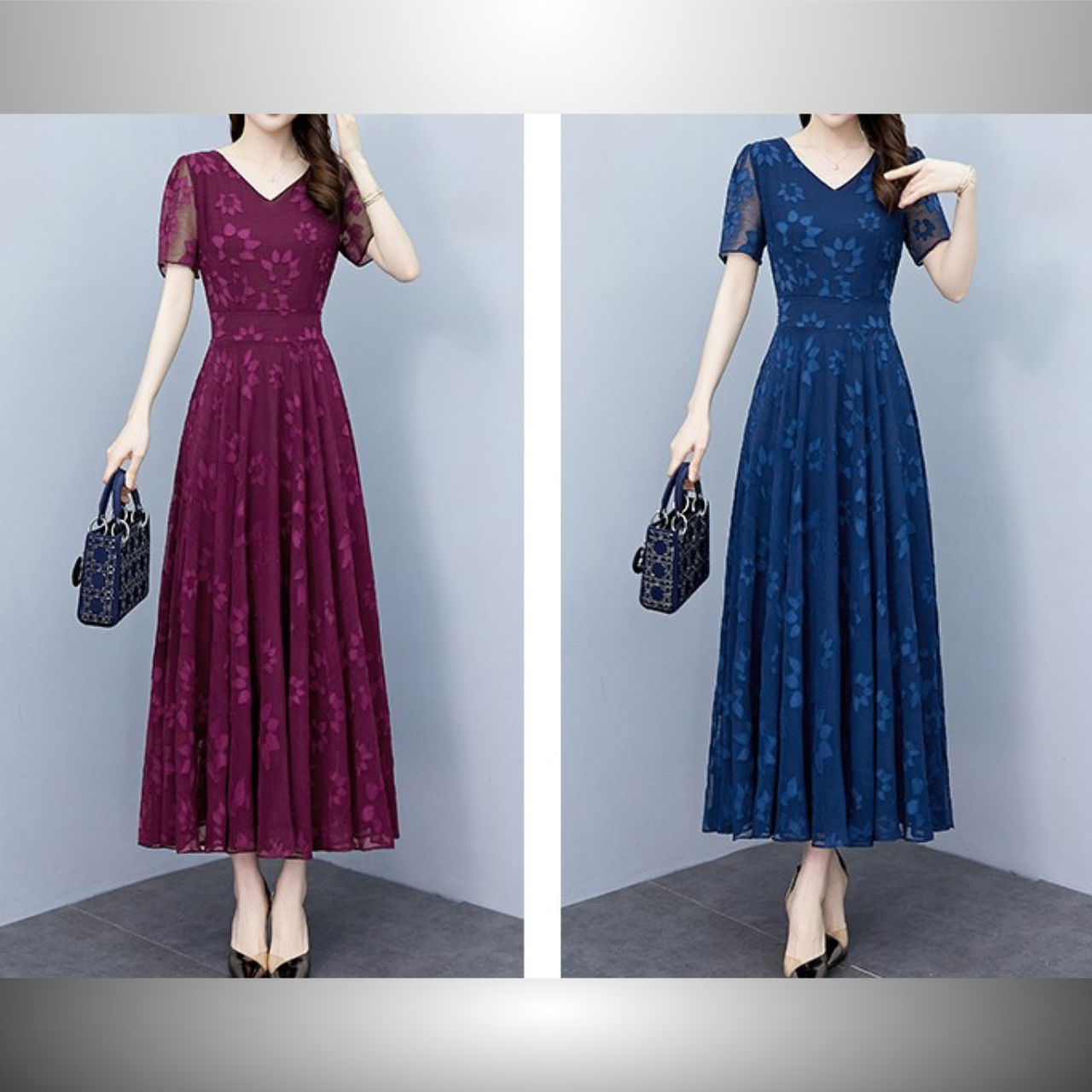 Vネックシフォンワンピース（2color） A1015