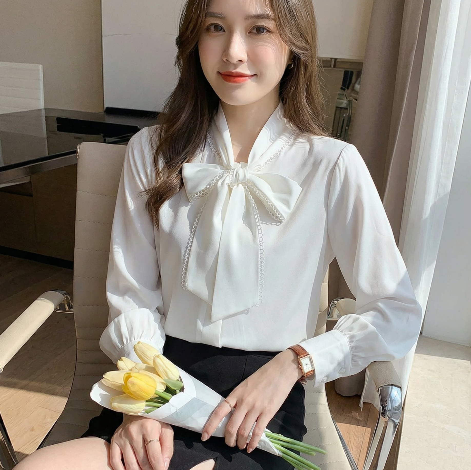 ボウタイバルーンスリーブブラウス(2color） A1092
