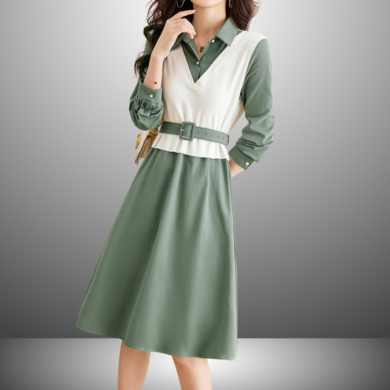 Vネックフェイクツーピースワンピース（3color） A1017