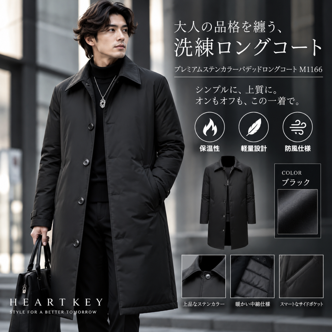 プレミアムステンカラーパデッドロングコート M1166