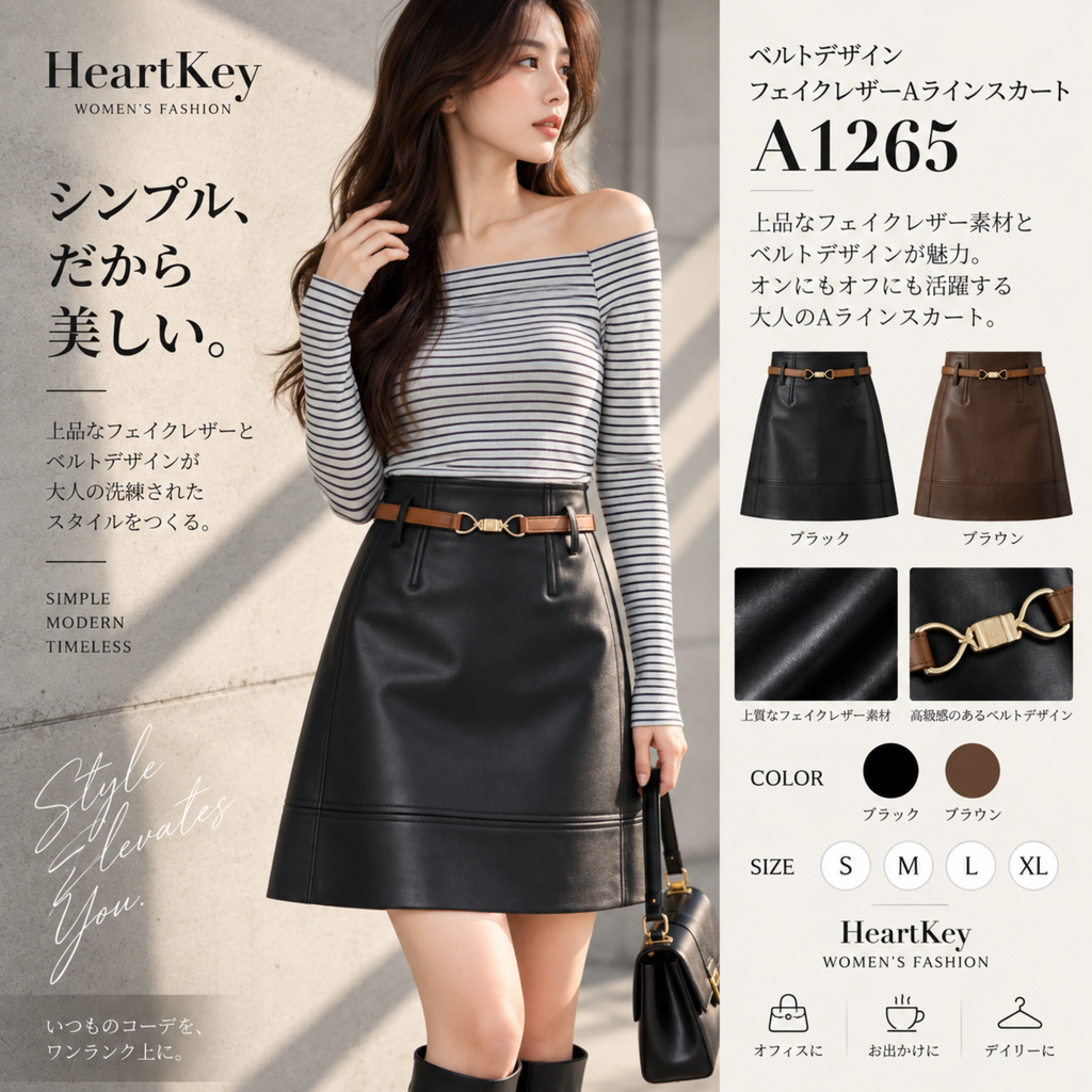 ベルトデザインフェイクレザーAラインスカート A1265