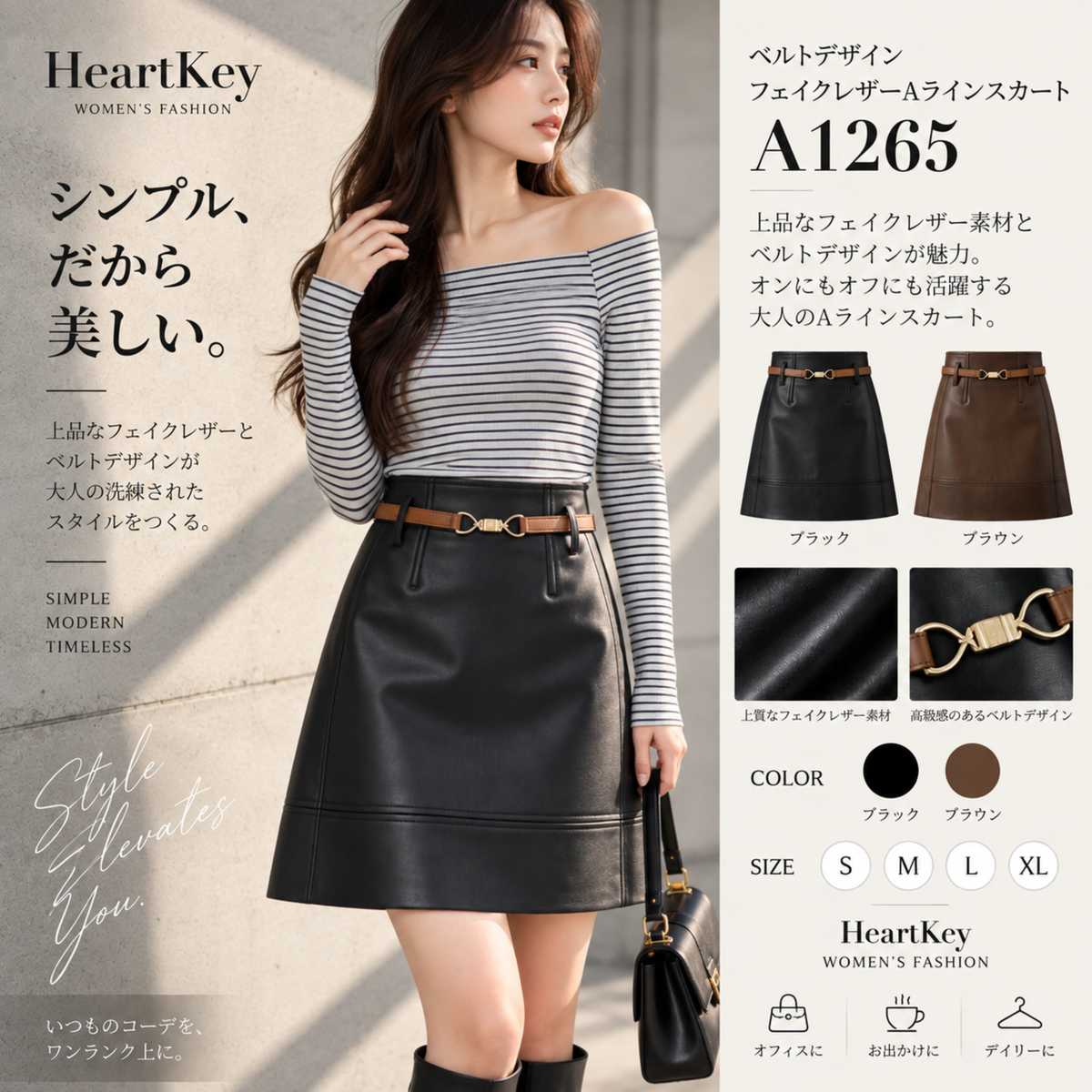 ベルトデザインフェイクレザーAラインスカート A1265