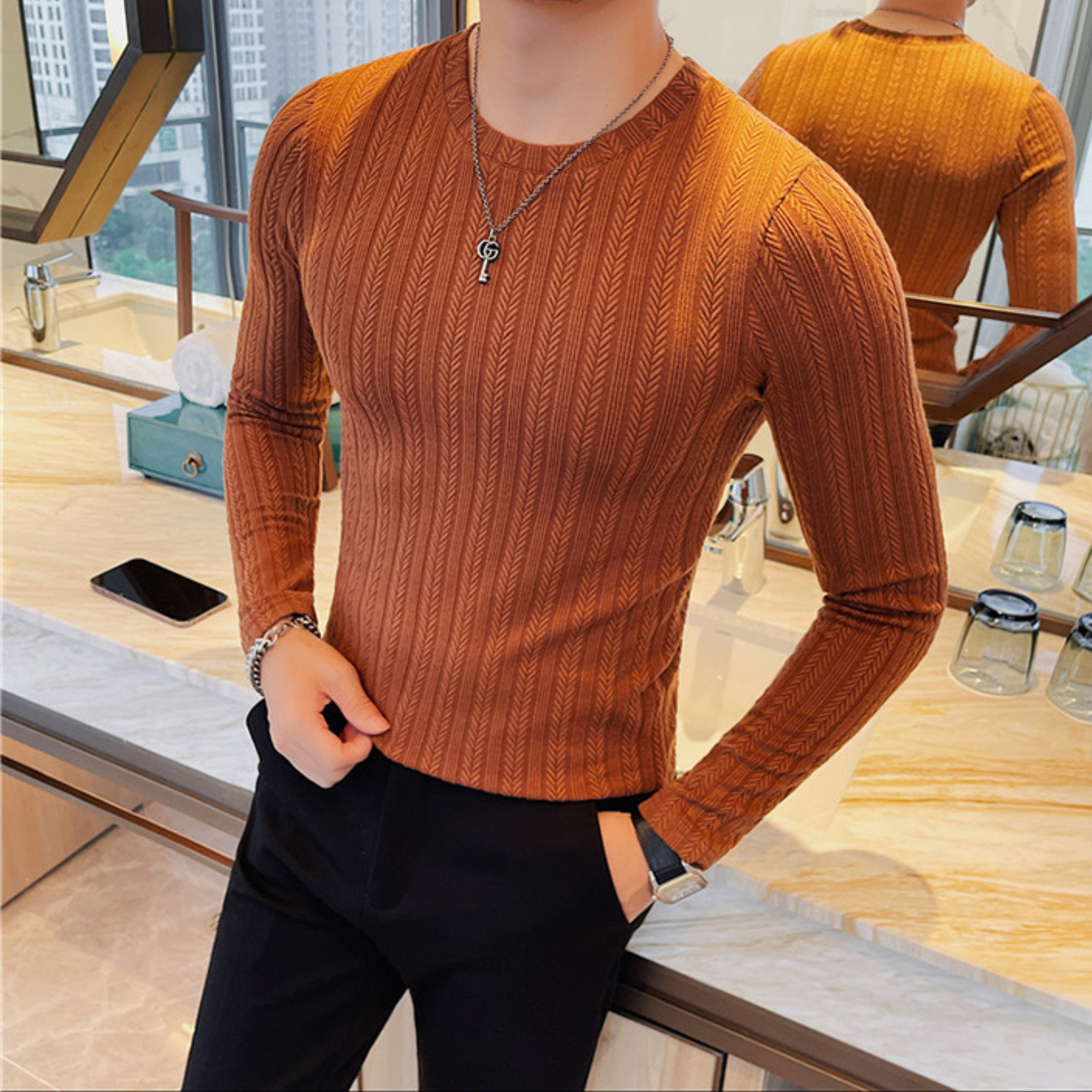 リブデザインスリムフィットトップス（4color） M0844
