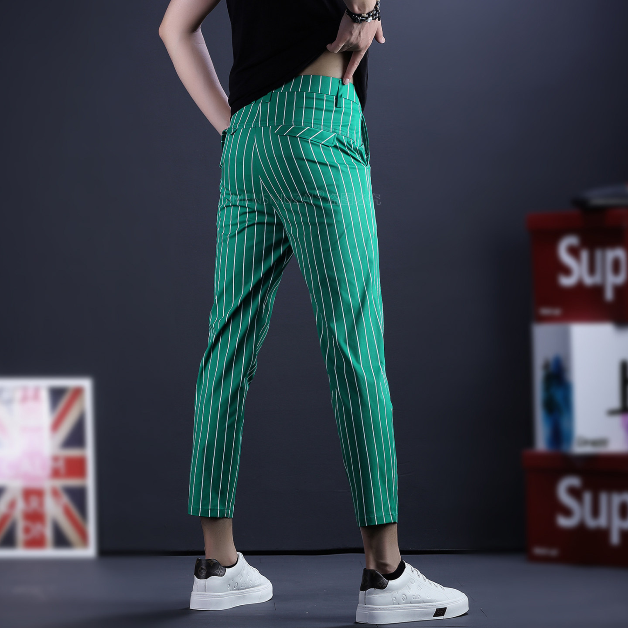 ストライプクロップドスリムパンツ メンズ ストレッチ アンクル丈 M1045