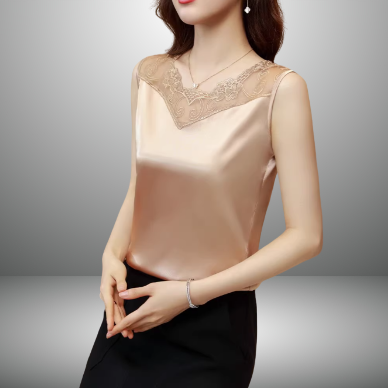 Vネックレースノースリーブシャツ（4color） A1044