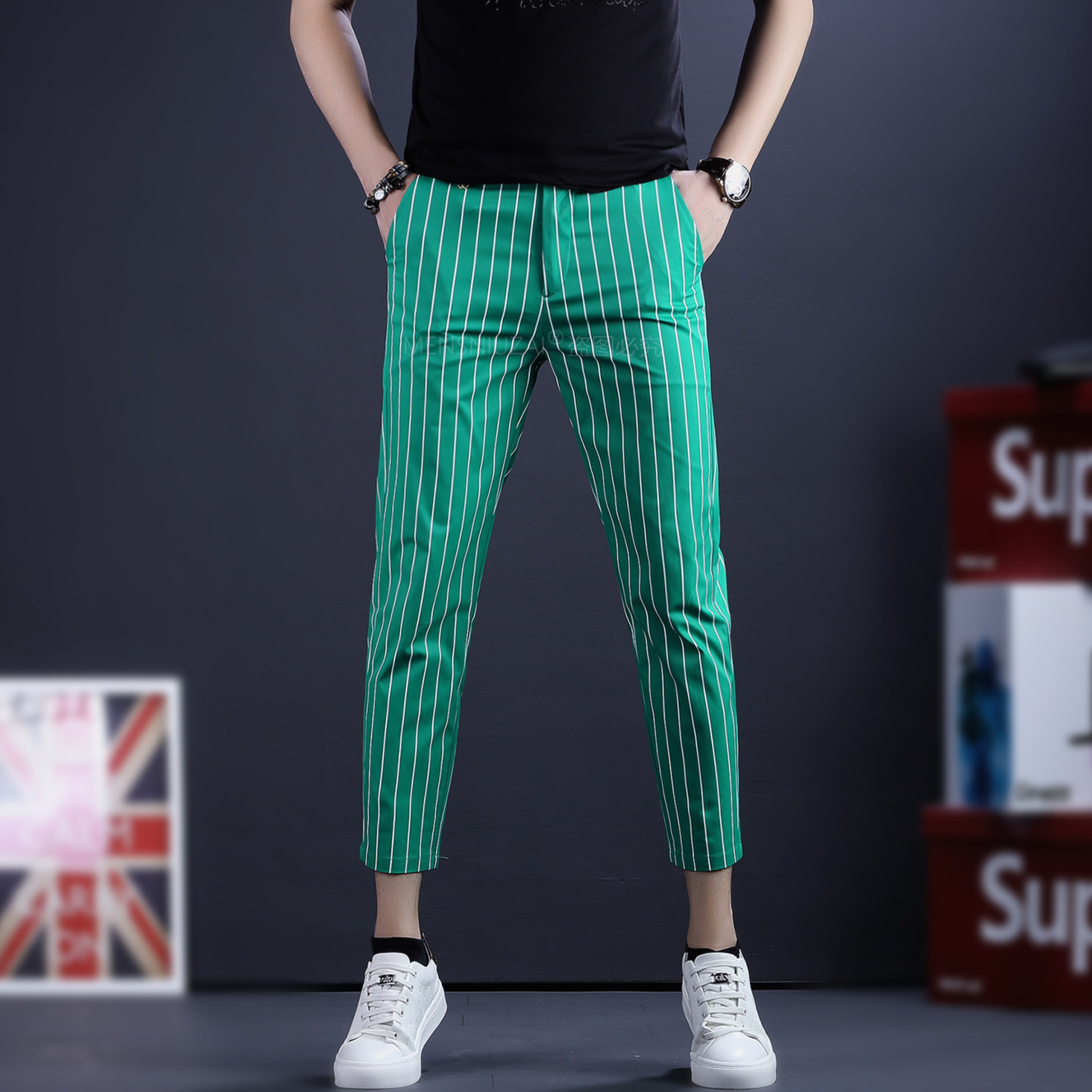 ストライプクロップドスリムパンツ メンズ ストレッチ アンクル丈 M1045