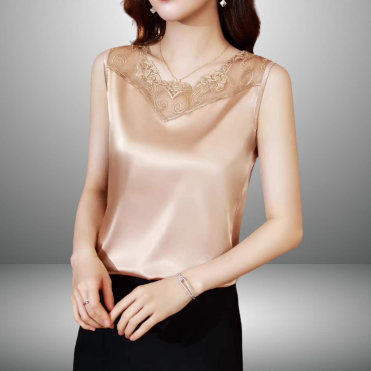 Vネックレースノースリーブシャツ（4color） A1044
