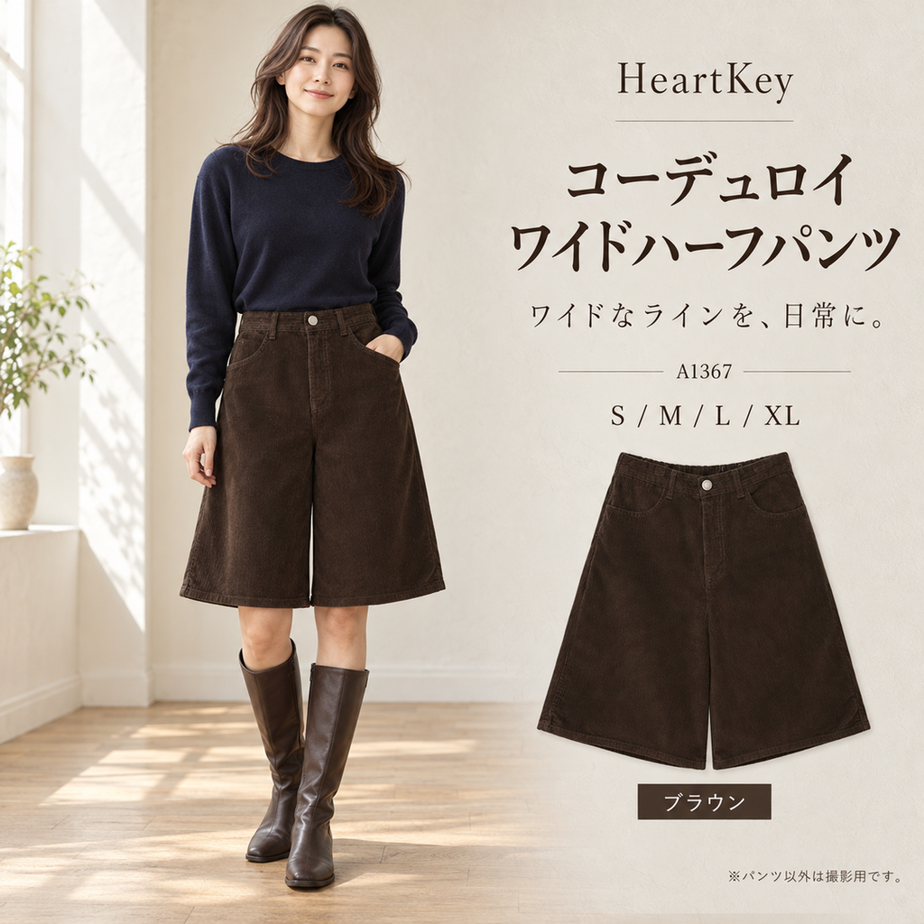 コーデュロイ ワイドハーフパンツ A1367 ブラウン 広告 着用イメージ パンツ以外は撮影用