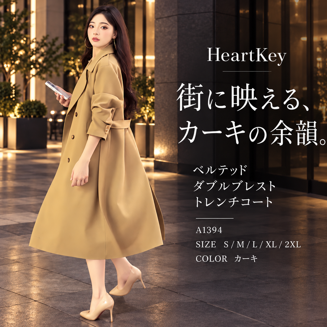 ベルテッドダブルブレストトレンチコート A1394 カーキ 広告