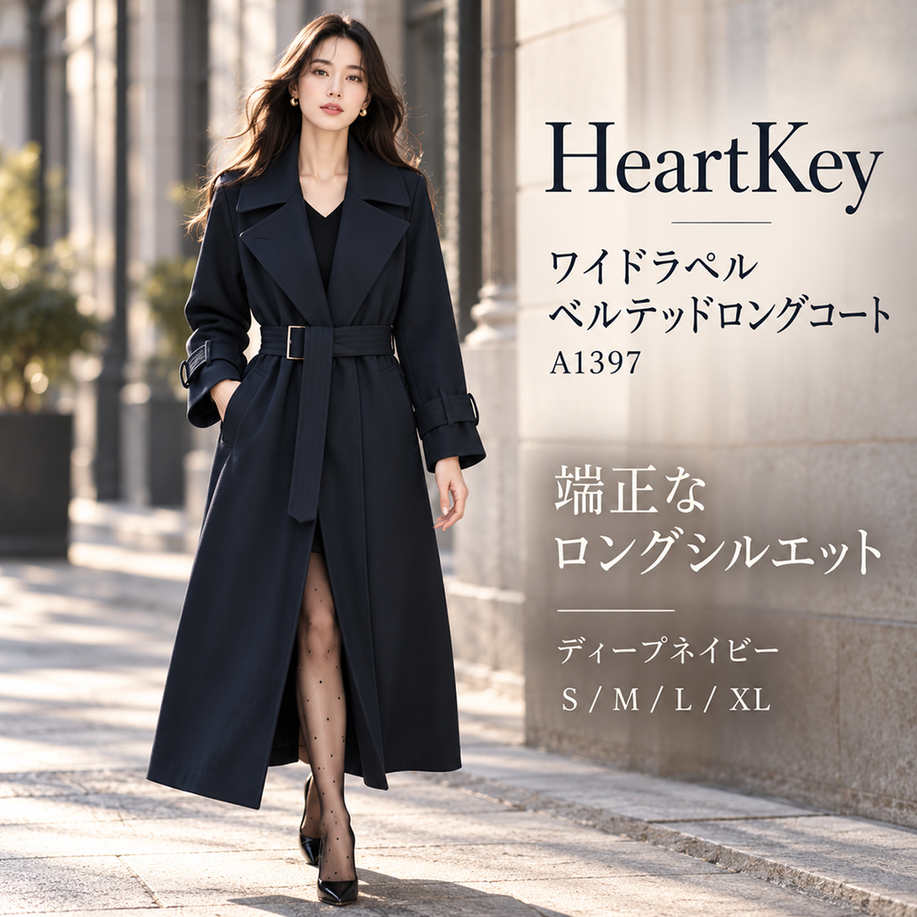 ワイドラペルベルテッドロングコート A1397 ディープネイビー S/M/L/XL