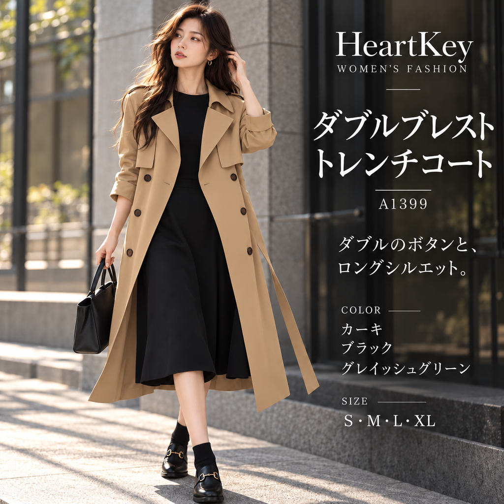 ダブルブレストトレンチコート A1399 カーキ HeartKey 広告