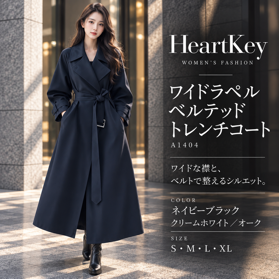 ワイドラペルベルテッドトレンチコート A1404 ネイビーブラック／代表広告