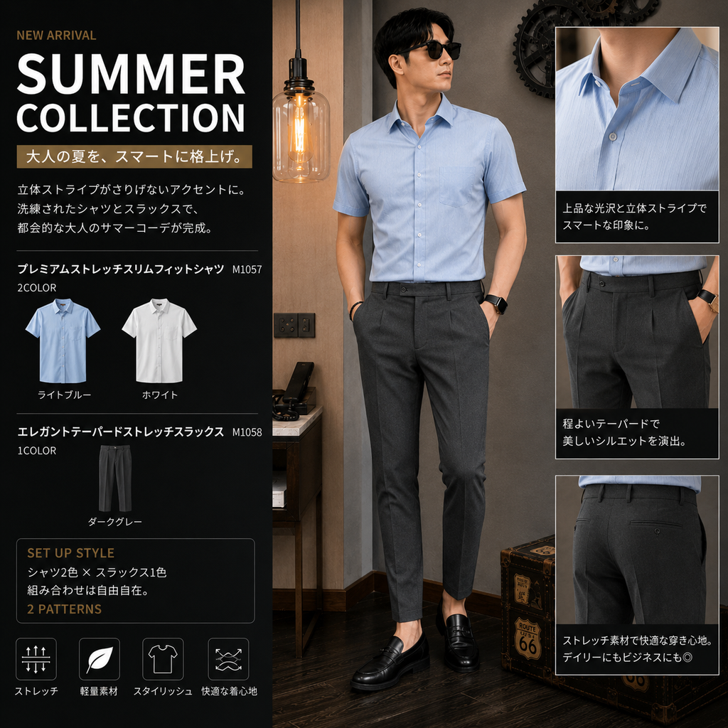 プレミアムストレッチサマーセットアップコーデ M1057×M1058