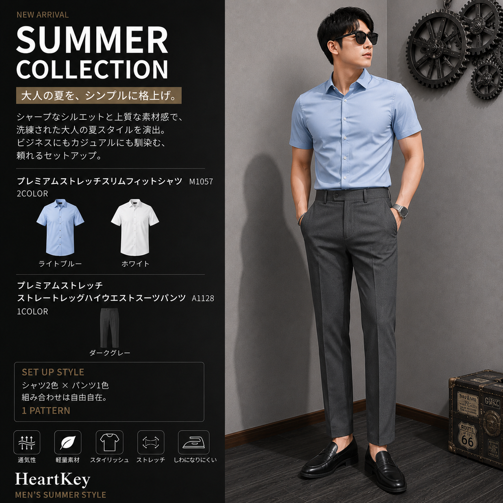 プレミアムストレッチサマーセットアップコーデ M1057×M1058 – HeartKey