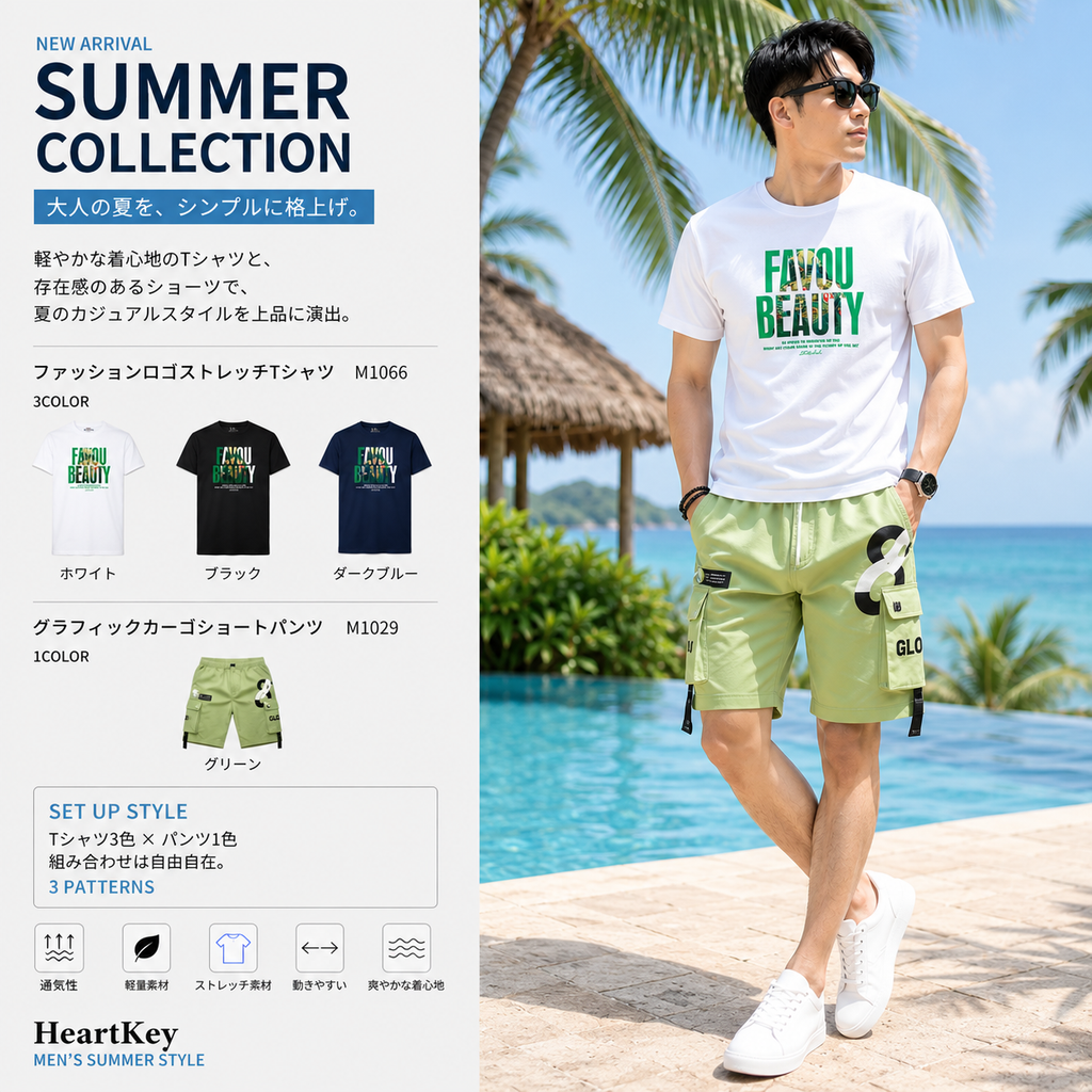 ファッションロゴTシャツ＆グラフィックカーゴショーツ サマーコーデ M1066×M1029