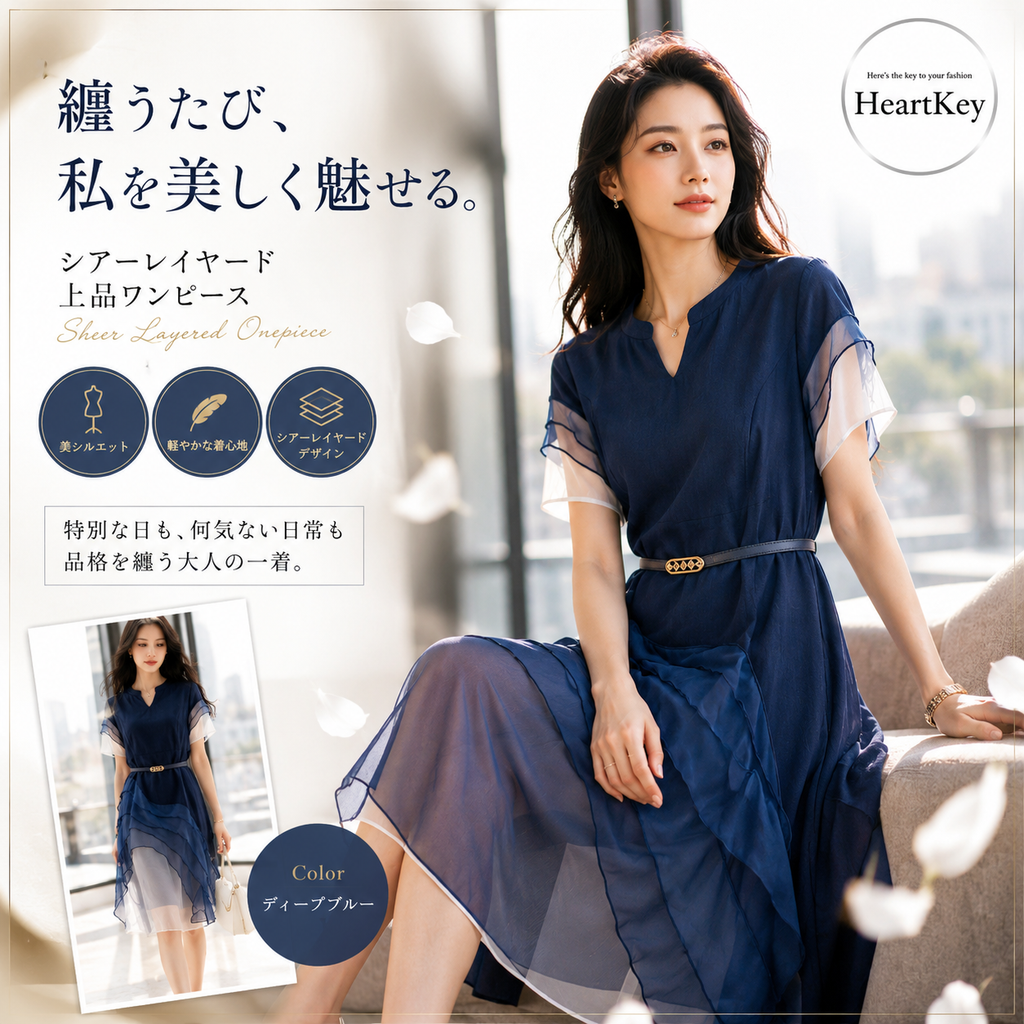 シアーレイヤード 上品ワンピース レディース ディープブルー A1234