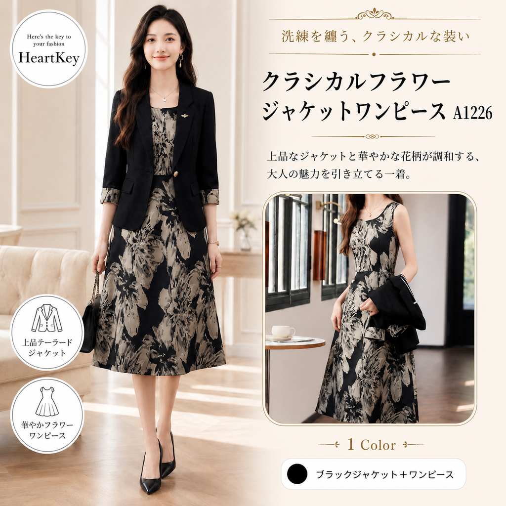 クラシカルフラワージャケットワンピース A1226