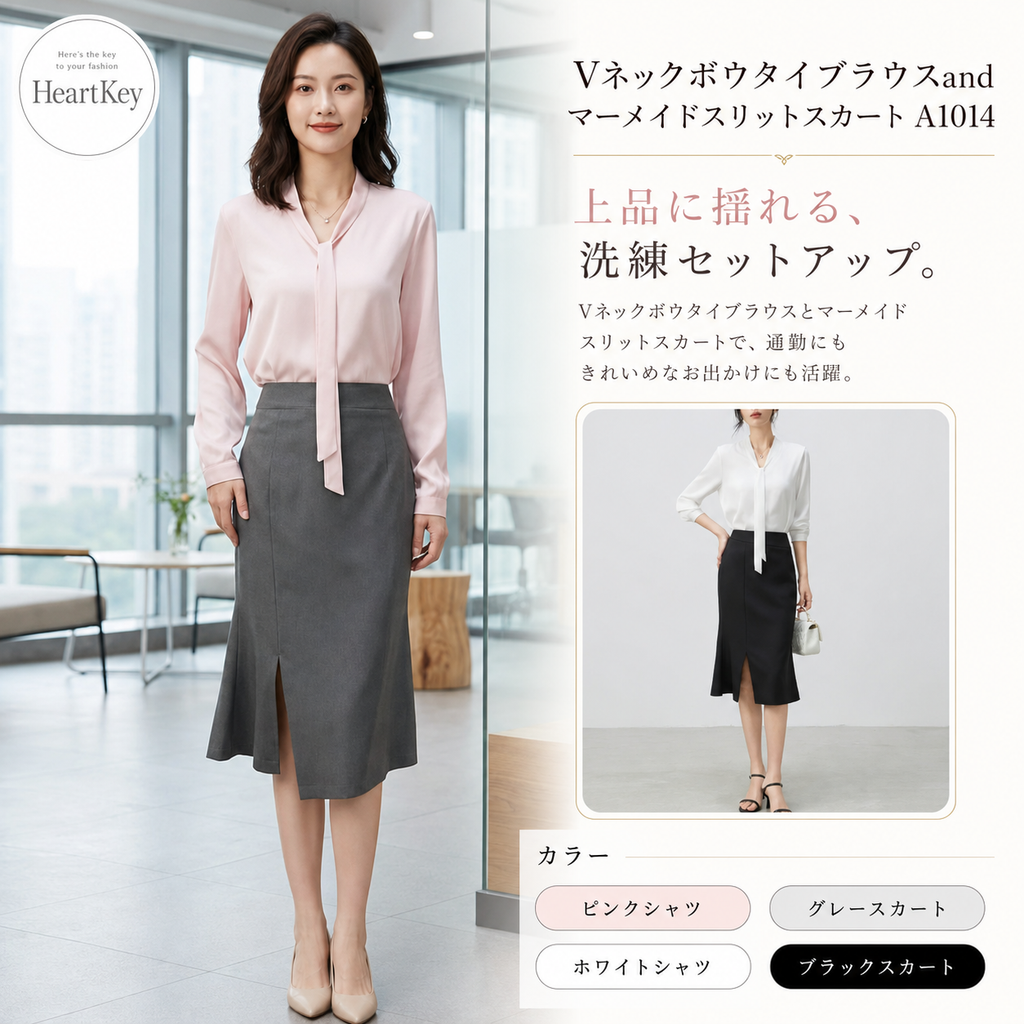Vネックボウタイブラウスandマーメイドスリットスカート A1014