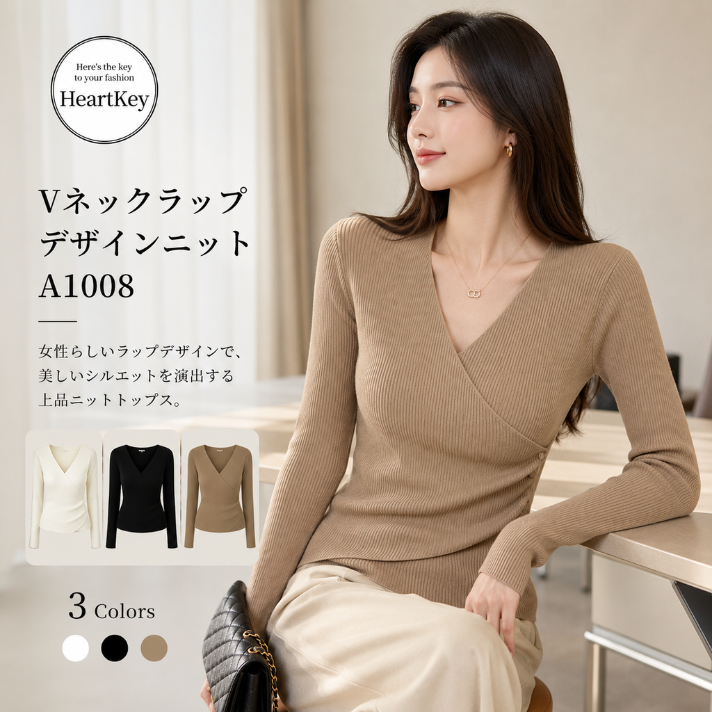Vネックラップデザインニット A1008