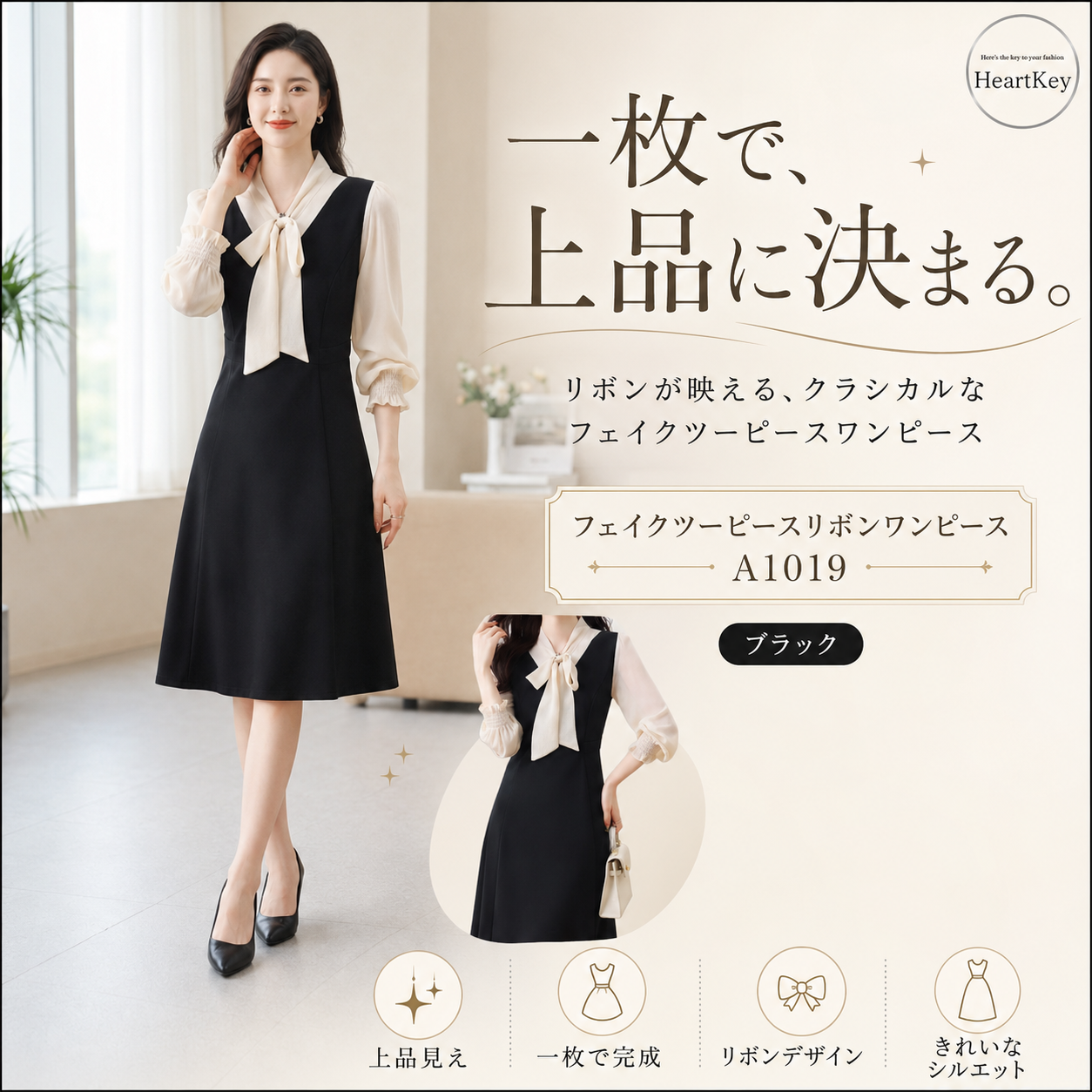 フェイクツーピースリボンワンピース A1019