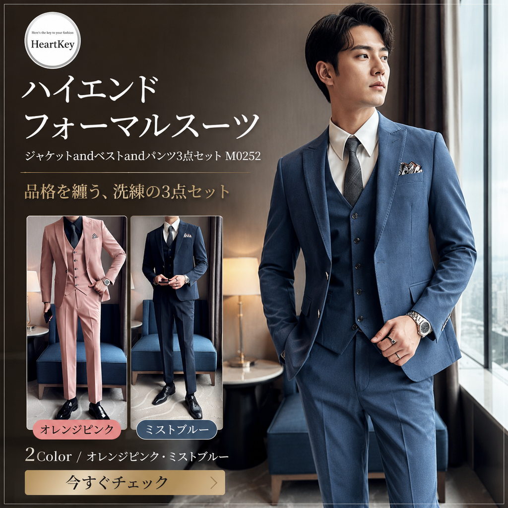 ハイエンドフォーマルスーツ ジャケットandベストandパンツ3点セット M0252