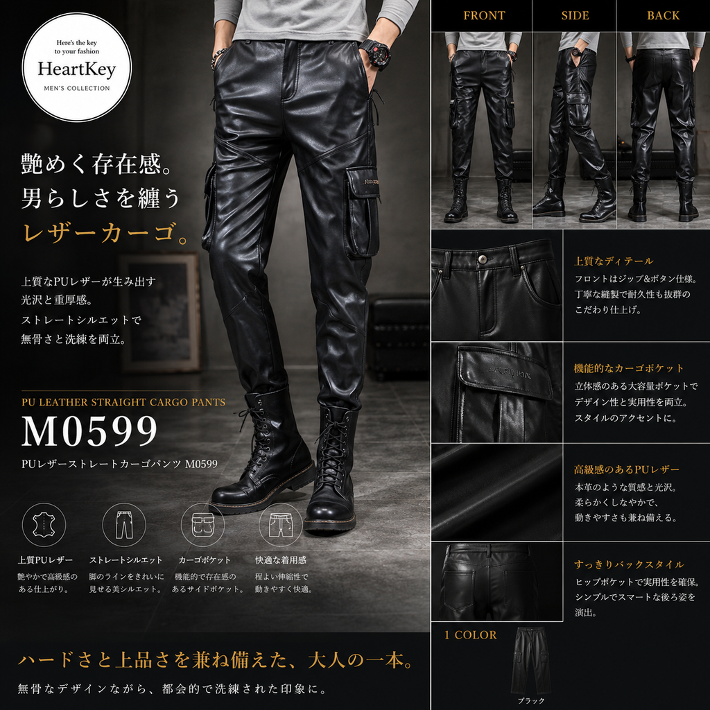 PUレザーストレートカーゴパンツ M0599