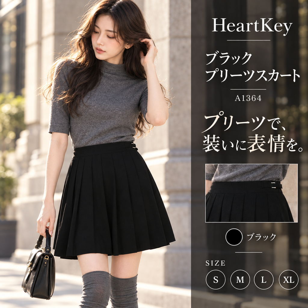 ブラック プリーツスカート A1364 ブラック S M L XL 広告画像