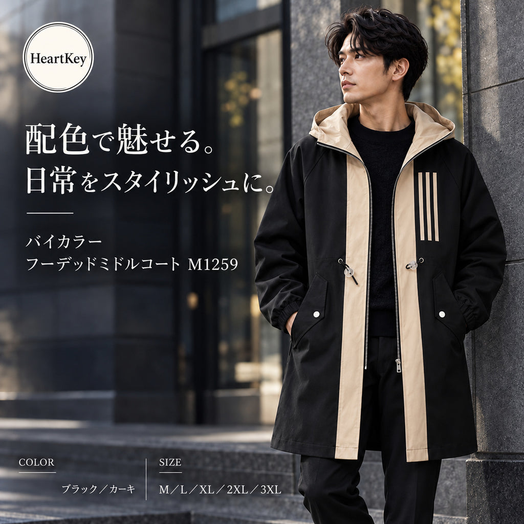 バイカラー フーデッドミドルコート M1259 ブラック HeartKey広告