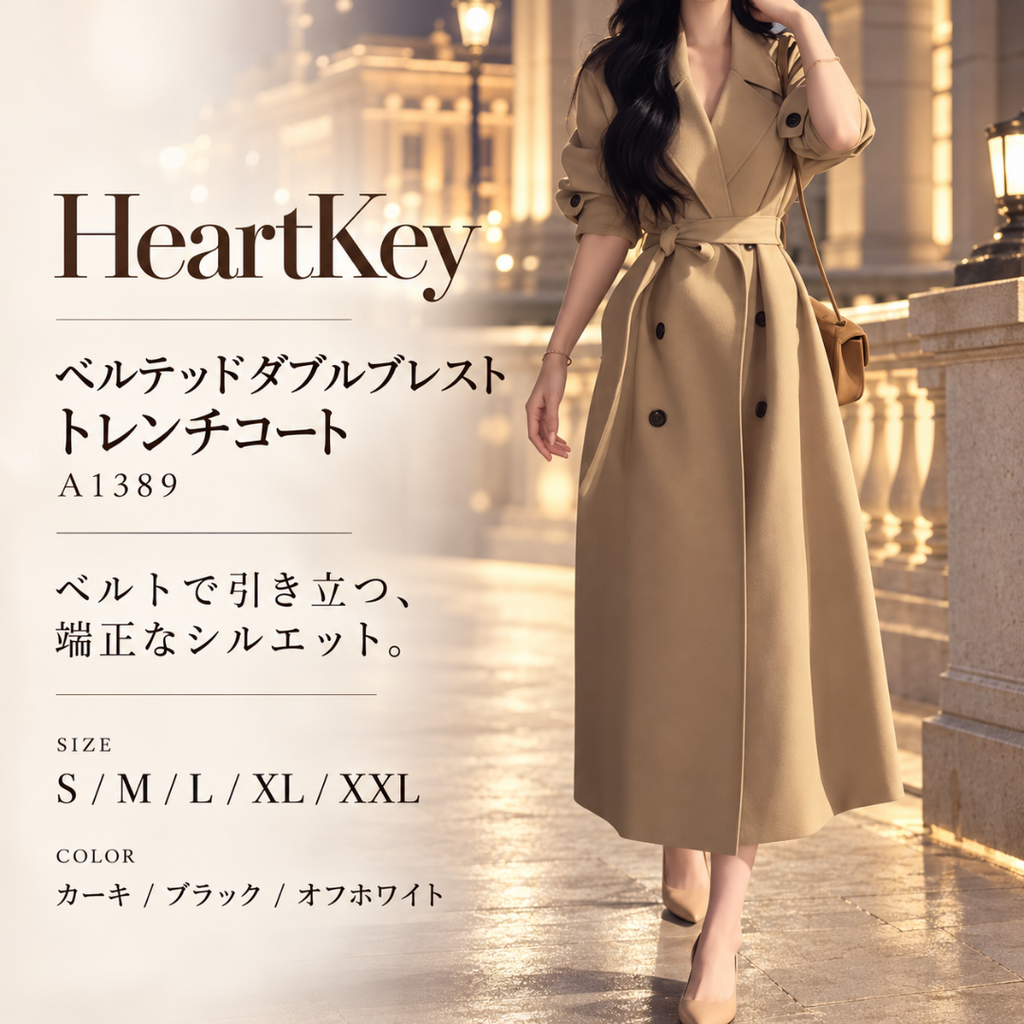 ベルテッドダブルブレストトレンチコート A1389 カーキ 広告
