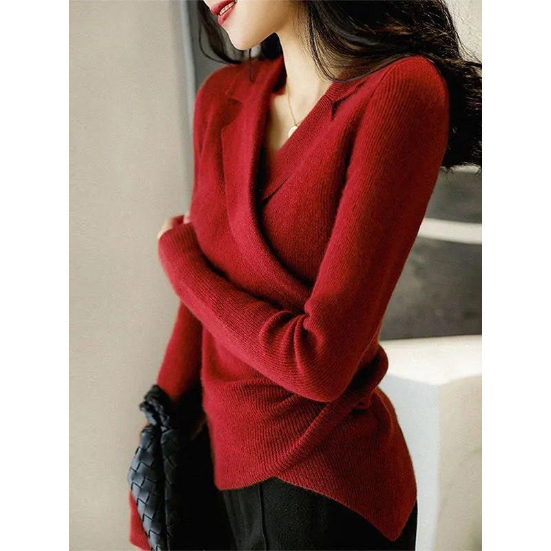 Vネックリブニットロングスリーブセーター（3color） A0974