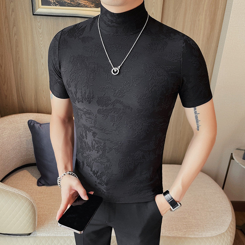 ハーフタートルネック ジャカード半袖トップス（3color） M0059