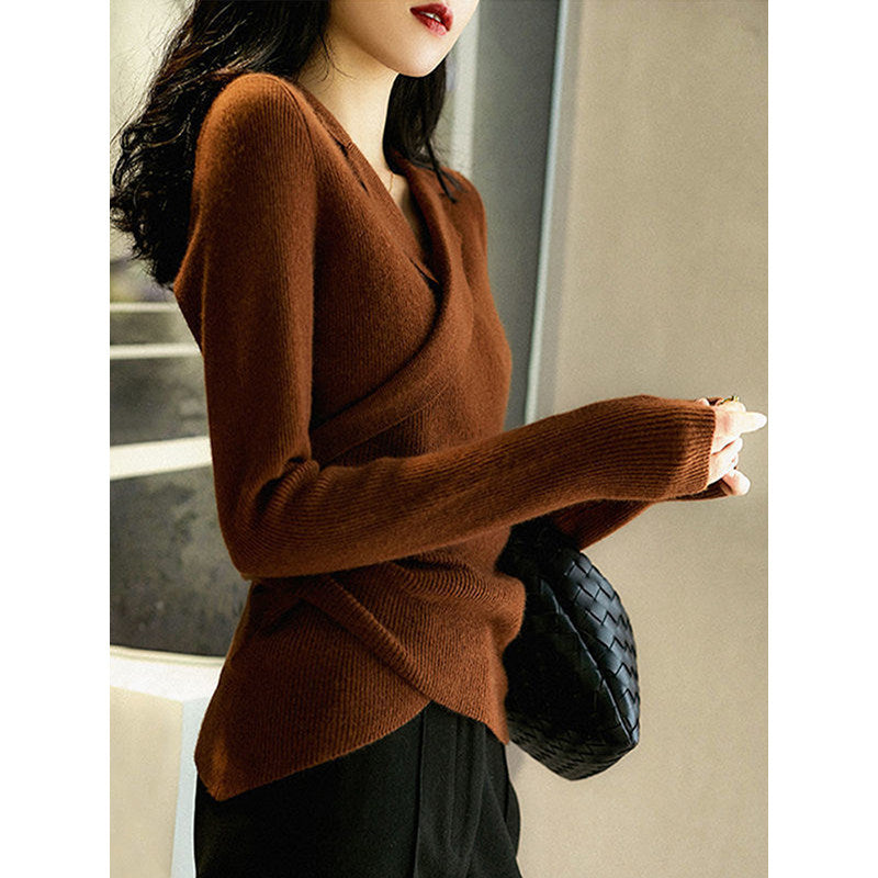 Vネックリブニットロングスリーブセーター（3color） A0974