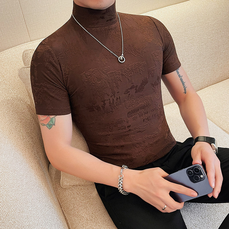 ハーフタートルネック ジャカード半袖トップス（3color） M0059